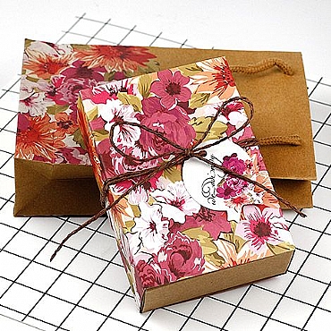 禮物盒子 DIY材料 牛皮紙花朵禮物盒+提袋組合