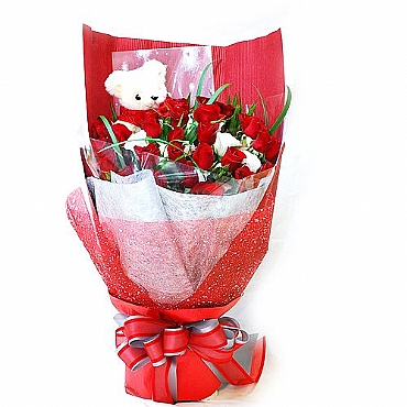 推薦 女友生日禮物 愛妳熊熊紅玫瑰花束